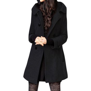 Women Casual Medium And Long Jacket Double-Breasted Hooded Thick Coat Black